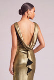 Black Golden Mermaid Boat Neck Ruffled Maxi Formal Dress
