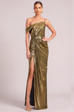 Black Golden Mermaid One Shoulder Ruched Maxi Formal Dress with Slit