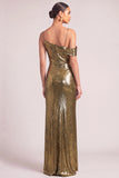 Black Golden Mermaid One Shoulder Ruched Maxi Formal Dress with Slit