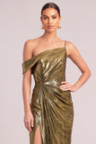 Black Golden Mermaid One Shoulder Ruched Maxi Formal Dress with Slit