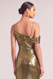 Black Golden Mermaid One Shoulder Ruched Maxi Formal Dress with Slit