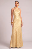 Golden High Neck Mermaid Maxi Formal Dress with Sash