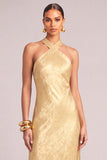 Golden High Neck Mermaid Maxi Formal Dress with Sash