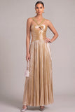 Golden A-Line Thick Straps Keyhole Pleated Maxi Formal Dress