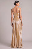 Golden A-Line Thick Straps Keyhole Pleated Maxi Formal Dress