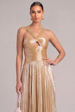 Golden A-Line Thick Straps Keyhole Pleated Maxi Formal Dress