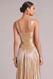 Golden A-Line Thick Straps Keyhole Pleated Maxi Formal Dress