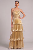 Golden Strapless Tiered Pleated Maxi Formal Dress