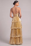 Golden Strapless Tiered Pleated Maxi Formal Dress
