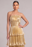 Golden Strapless Tiered Pleated Maxi Formal Dress