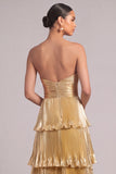 Golden Strapless Tiered Pleated Maxi Formal Dress