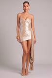 Golden Bodycon Strapless Ruched Short Formal Dress with Sash