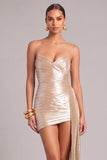 Golden Bodycon Strapless Ruched Short Formal Dress with Sash