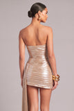 Golden Bodycon Strapless Ruched Short Formal Dress with Sash