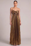Black Golden A-Line Spaghetti Straps Pleated Maxi Formal Dress with Ruffles