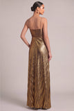 Black Golden A-Line Spaghetti Straps Pleated Maxi Formal Dress with Ruffles