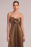 Black Golden A-Line Spaghetti Straps Pleated Maxi Formal Dress with Ruffles