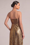 Black Golden A-Line Spaghetti Straps Pleated Maxi Formal Dress with Ruffles