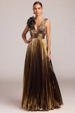 Black Golden A-Line V-Neck Pleated Maxi Formal Dress with Ruffles