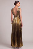 Black Golden A-Line V-Neck Pleated Maxi Formal Dress with Ruffles