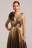 Black Golden A-Line V-Neck Pleated Maxi Formal Dress with Ruffles