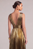 Black Golden A-Line V-Neck Pleated Maxi Formal Dress with Ruffles