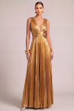 Golden A-Line V-Neck Metallic Pleated Maxi Formal Dress
