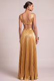 Golden A-Line V-Neck Metallic Pleated Maxi Formal Dress