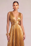 Golden A-Line V-Neck Metallic Pleated Maxi Formal Dress
