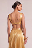 Golden A-Line V-Neck Metallic Pleated Maxi Formal Dress