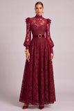 Dark Red A-Line High Neck Long Sleeves Formal Dress with Belt