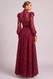 Dark Red A-Line High Neck Long Sleeves Formal Dress with Belt