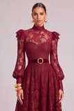 Dark Red A-Line High Neck Long Sleeves Formal Dress with Belt