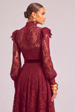 Dark Red A-Line High Neck Long Sleeves Formal Dress with Belt