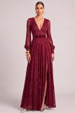 Dark Red A-Line V-Neck Long Sleeves Formal Dress with Belt