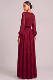Dark Red A-Line V-Neck Long Sleeves Formal Dress with Belt
