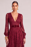 Dark Red A-Line V-Neck Long Sleeves Formal Dress with Belt