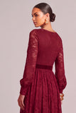 Dark Red A-Line V-Neck Long Sleeves Formal Dress with Belt
