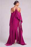Fuchsia Sheath Halter Long Formal Dress with Cape