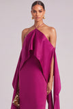 Fuchsia Sheath Halter Long Formal Dress with Cape