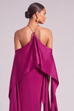 Fuchsia Sheath Halter Long Formal Dress with Cape