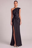 Dark Green Mermaid One Shoulder Ruched Maxi Formal Dress with Slit (Necklace is not included)