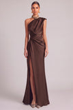 Dark Green Mermaid One Shoulder Ruched Maxi Formal Dress with Slit (Necklace is not included)