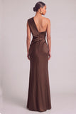 Dark Green Mermaid One Shoulder Ruched Maxi Formal Dress with Slit (Necklace is not included)