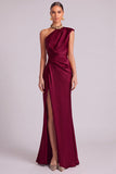 Dark Green Mermaid One Shoulder Ruched Maxi Formal Dress with Slit (Necklace is not included)