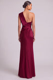 Dark Green Mermaid One Shoulder Ruched Maxi Formal Dress with Slit (Necklace is not included)