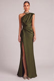 Dark Green Mermaid One Shoulder Ruched Maxi Formal Dress with Slit