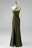 Dark Green Mermaid One Shoulder Ruched Maxi Formal Dress with Slit (Necklace is not included)
