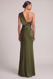 Dark Green Mermaid One Shoulder Ruched Maxi Formal Dress with Slit