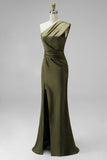 Dark Green Mermaid One Shoulder Ruched Maxi Formal Dress with Slit (Necklace is not included)